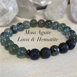 2/$40 - Moss Agate Lava & Hematite Gemstone Stretchy Bracelet - Unisex -8mm